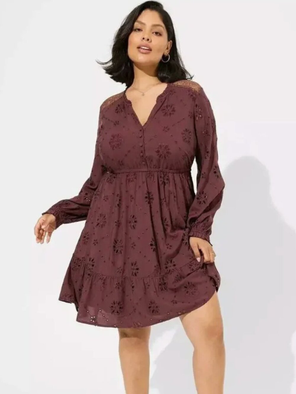New! TORRID Burgundy Mini Eyelet Long Sleeve Shirt Dress Women's Size 26 4X
